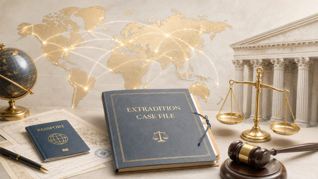 International extradition lawyers case file with passport, world map, courthouse, gavel and scales of justice